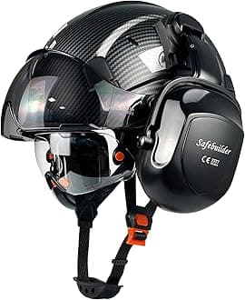 Safety Helmet With Goggles Ear Muffs Work at Hight Carbon Fiber Abs Hard Hats For Industrial Construction Head Protection ANSI Z89.1 Approve (01-Matte Black+Clear&Tinted Goggle+B07Earmuff)