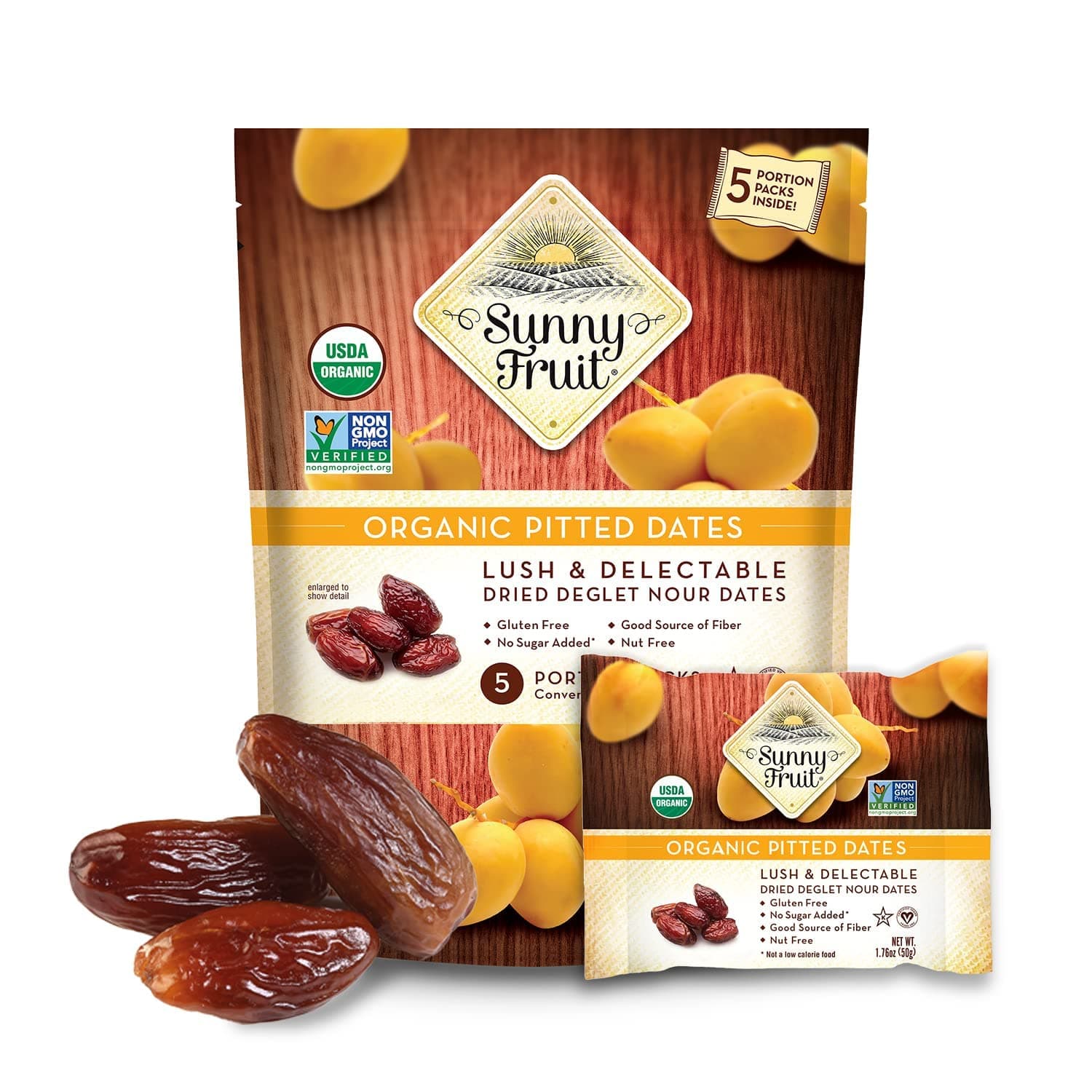 Sunny Fruit Organic Dried Pitted Deglet Nour Dates - 1 Bag (5 Individual Portion Packs) | No Preservatives, No Sugar Added | Healthy, Convenient Superfood Snack Packs | ORGANIC, NON-GMO, HALAL, KOSHER