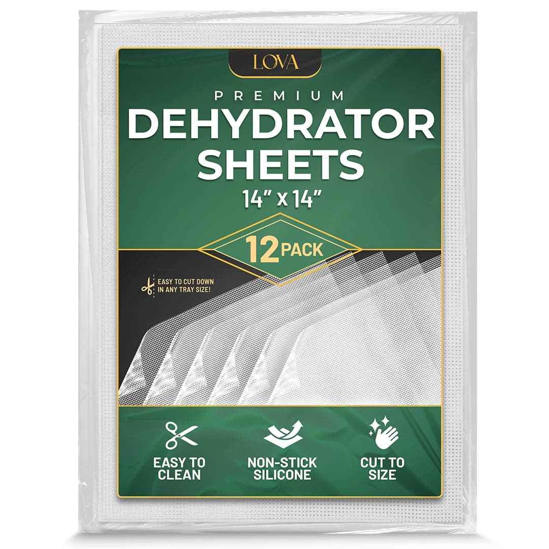 Silicone Dehydrator Sheets 14x14 (12 Pack) Fine Mesh Tray Liners for Excalibur, Cosori, Magic Mill, Nonstick Reusable Mats, BPA Free, Cut to Fit, Jerky Herbs Fruit by Lova