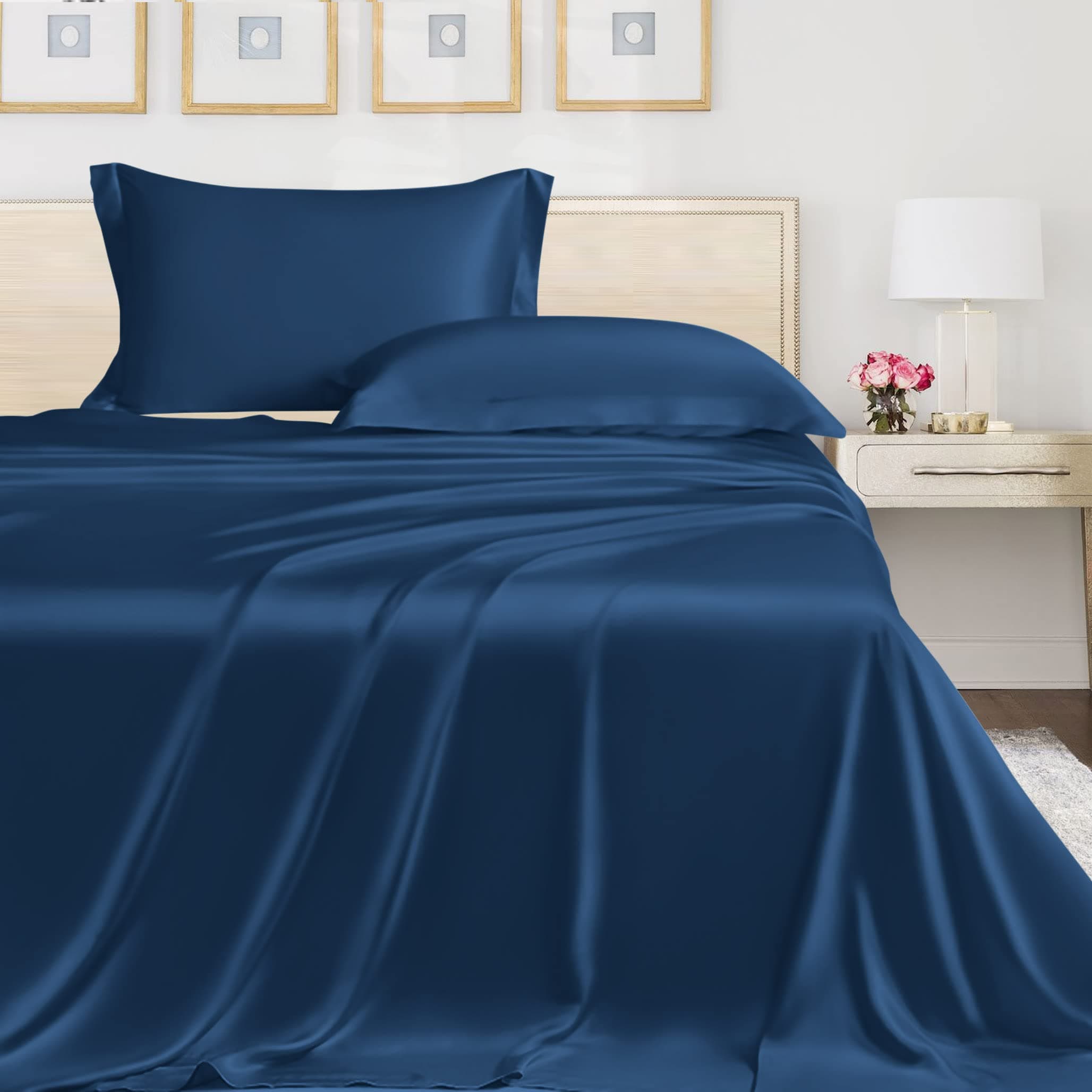 LinenwalasKing Flat Sheet Only - Rayon Derived from Bamboo Silk Bed Sheet, Premium Breathable Cooling Sheet, Soft Top Sheet (King, Navy Blue)