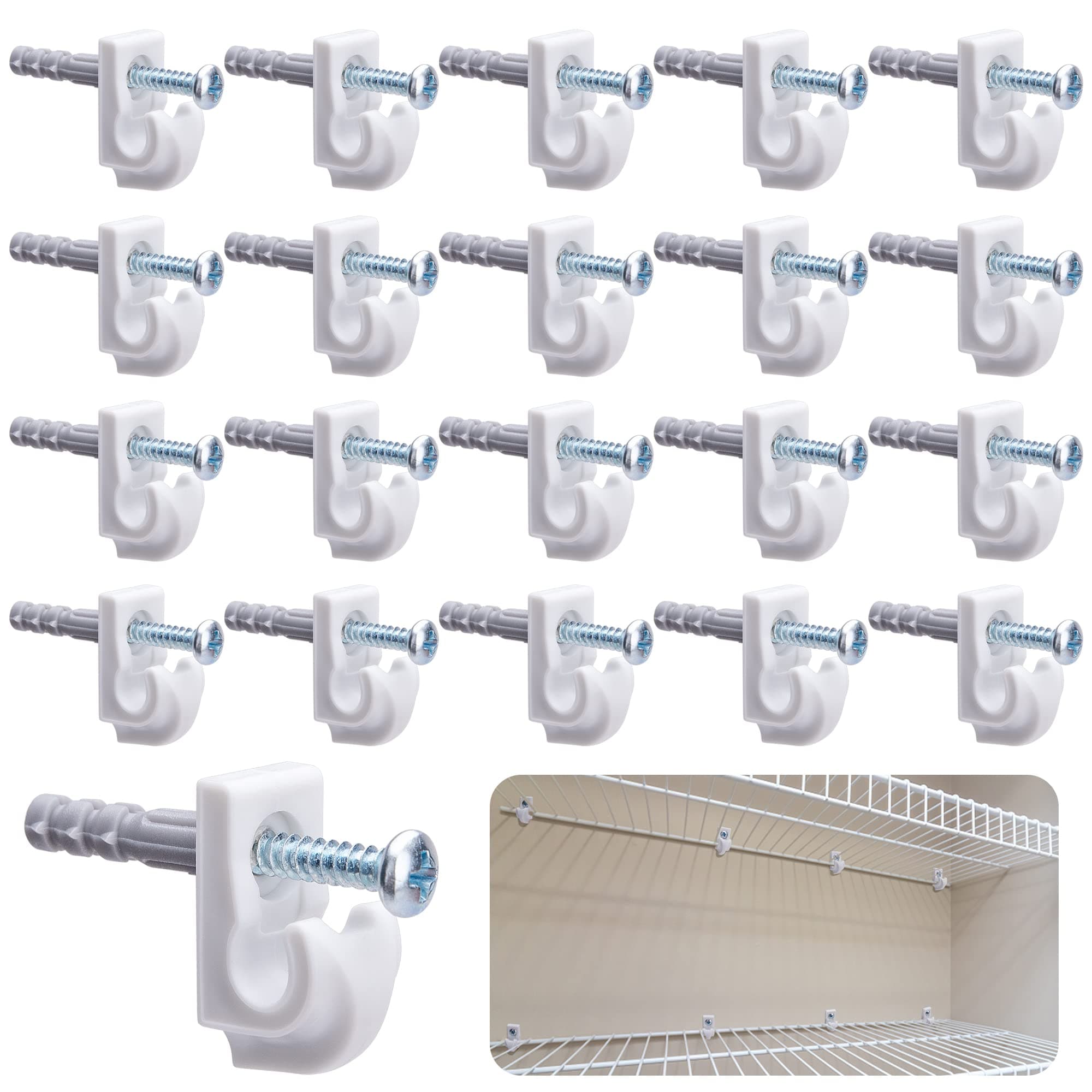 25 Pcs White Down Wall Clips - Wire Shelf Brackets Loop Clips - Closet Maid Support Brackets - Plastic Shelves With Screws and Expansion Tubes for Wire Shelving