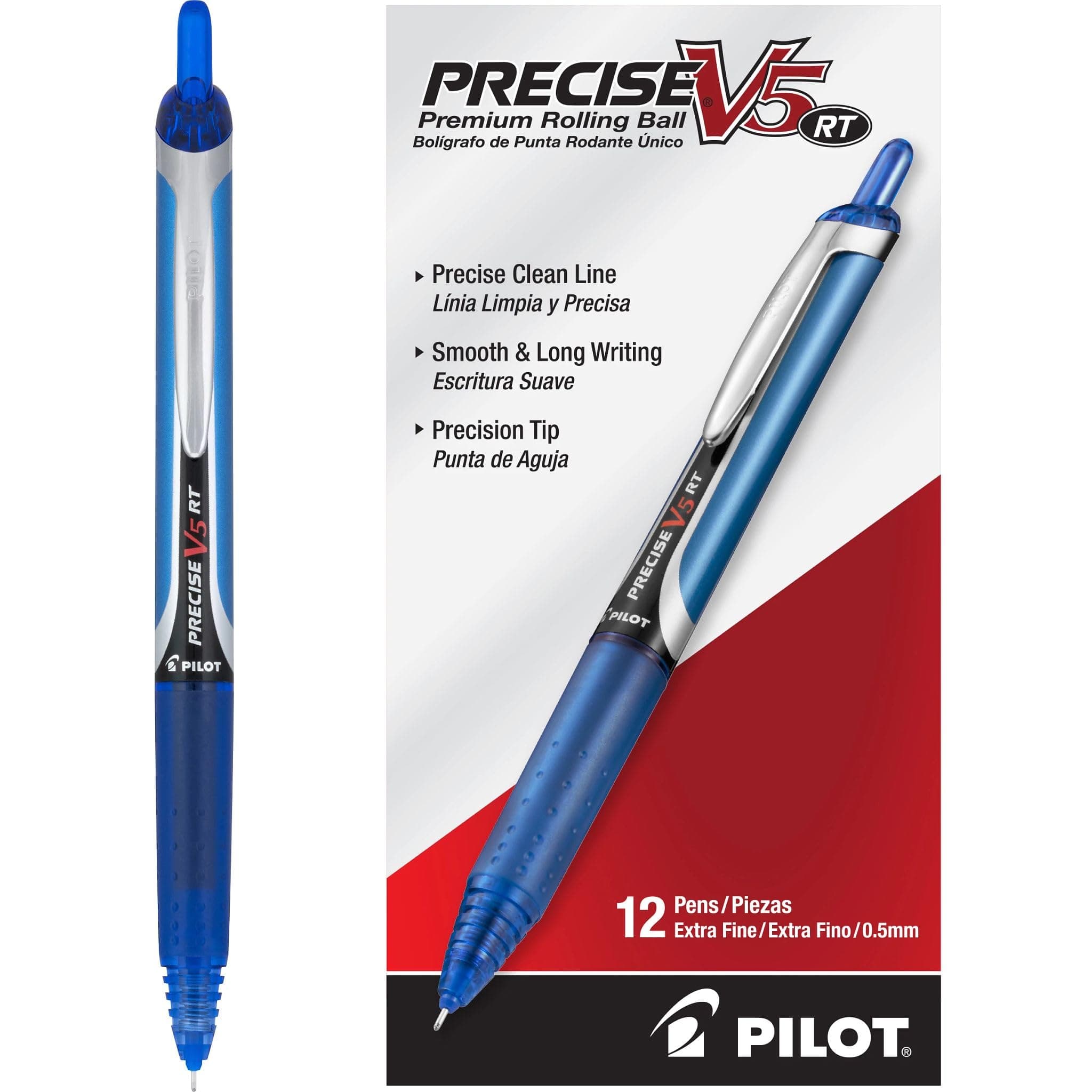 Precise V5 RT Refillable & Retractable Liquid Ink Rolling Ball Pens, Extra Fine Point (0.5mm) Blue Ink, 12-Pack (26063)