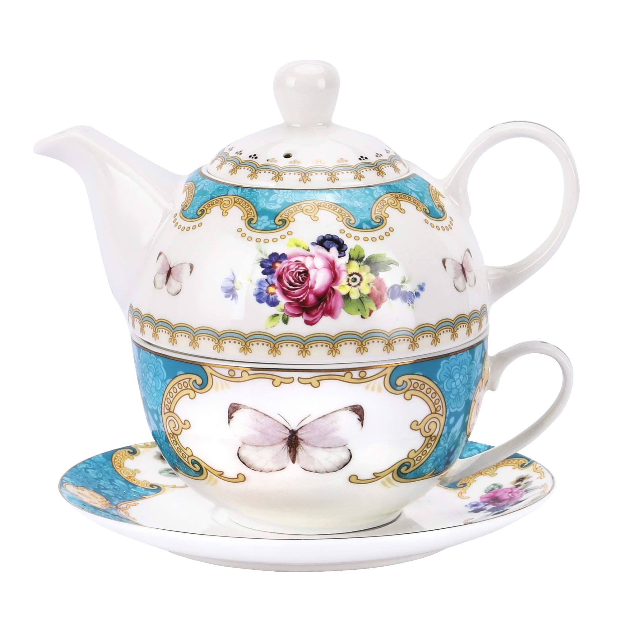 English Porcelain Tea for One Set, Floral Teapot with Cup, Blue Tea Cup and Saucer Set