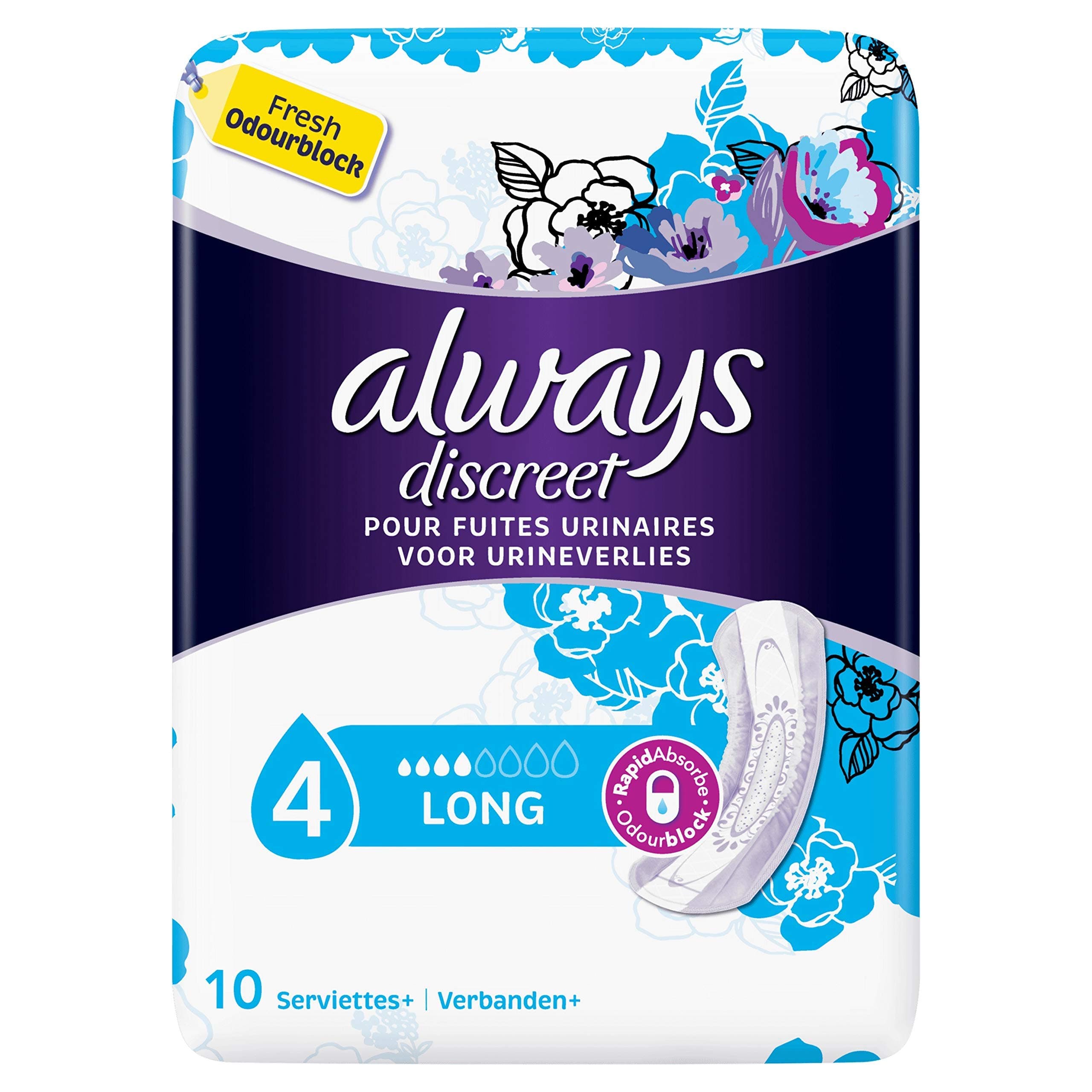 Always Discreet Long Pads for Incontinence and Bladder Control, Pack of 10 Pieces