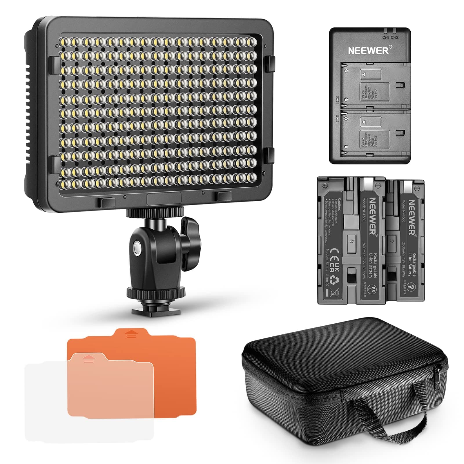 NEEWER Dimmable 176 LED Video Light Lighting Kit: 176 LED Panel 3200-5600K, 2 Pieces Rechargeable Li-ion Battery, USB Charger and Portable Durable Case for Canon, Nikon, Pentax, Sony DSLR Cameras