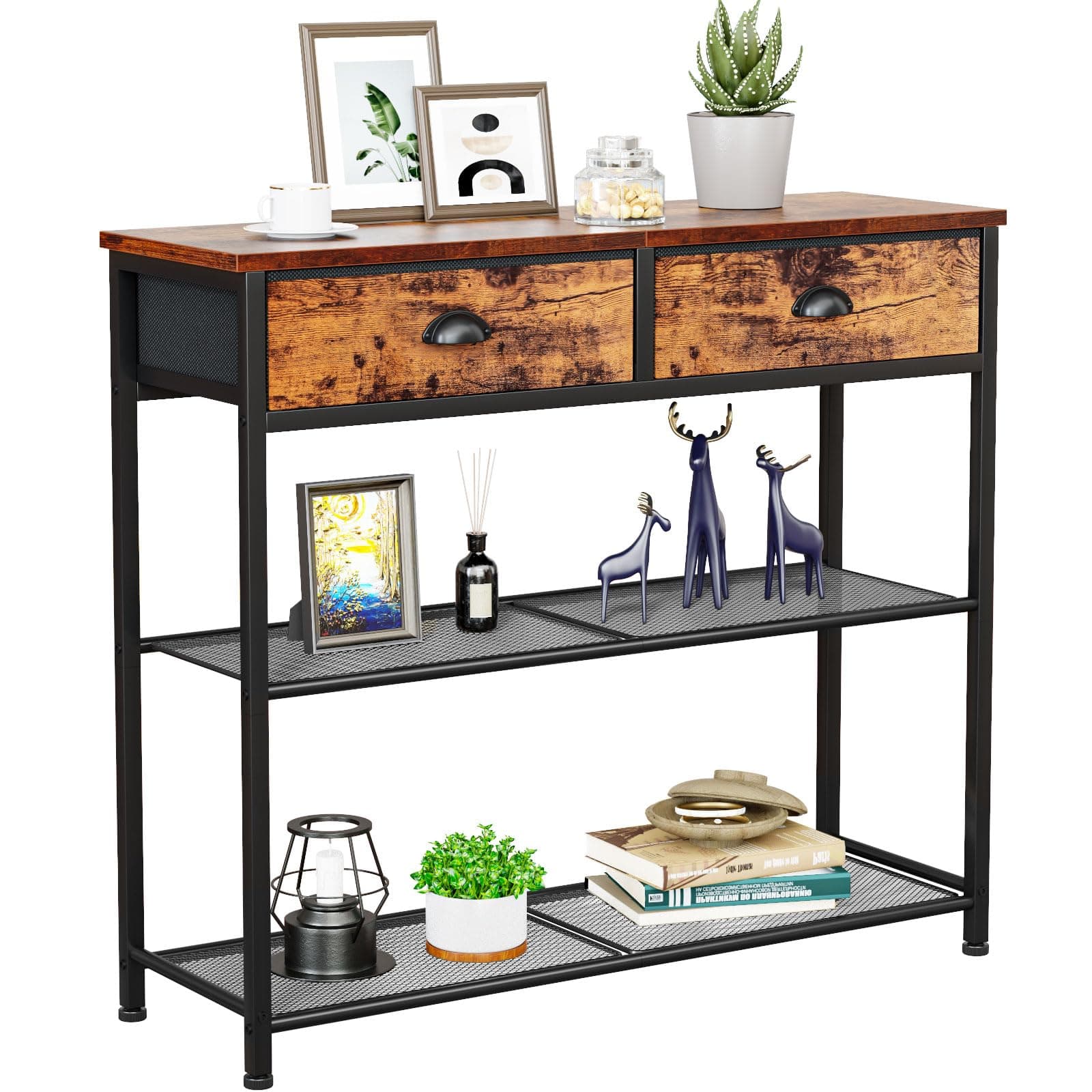 Console Sofa Table with Storage Shelf for Entry Way, Small 30'' Entryway Table with 2 Fabric Drawers, Industrial Display Shelves for Hallway, Entrance, Foyer, Rustic Brown