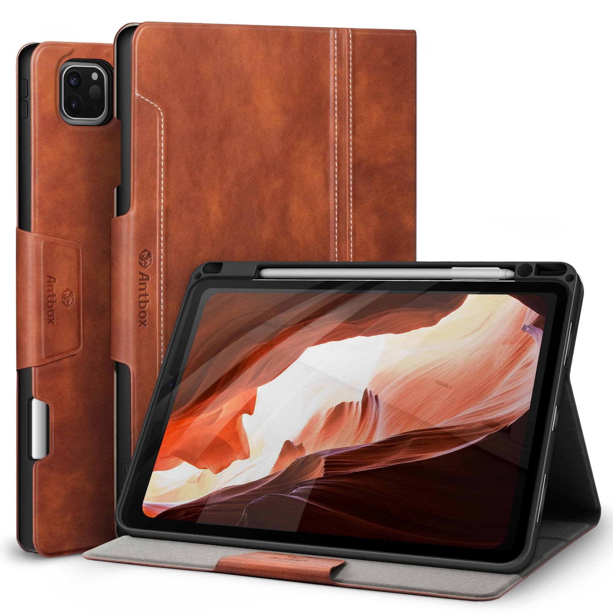 Antbox Case for iPad Pro 11 inch 4th Generation (2022)/3rd/2nd/1st Gen Vegan Leather with Pencil Holder Auto Sleep/Wake Function iPad Pro 11 Cover (Brown)