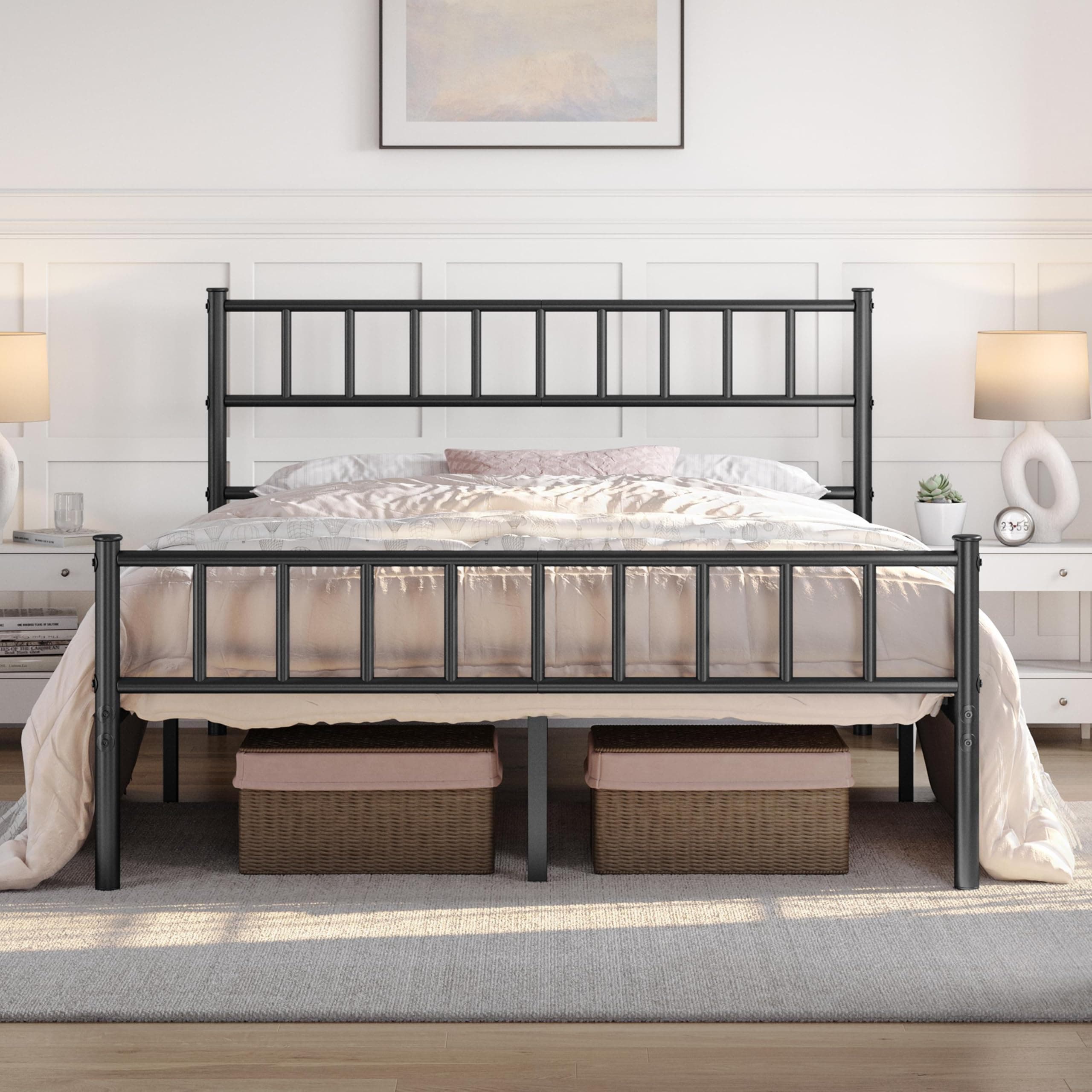 Double Metal Bed Frame 4ft6 Modern Style Bed Frame with Headboard and Footboard, Solid Slatted Base Black